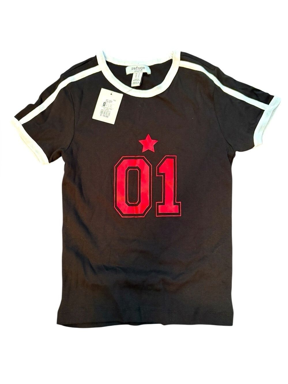 Refuge Black Tee with Red Star and Number Small NWT